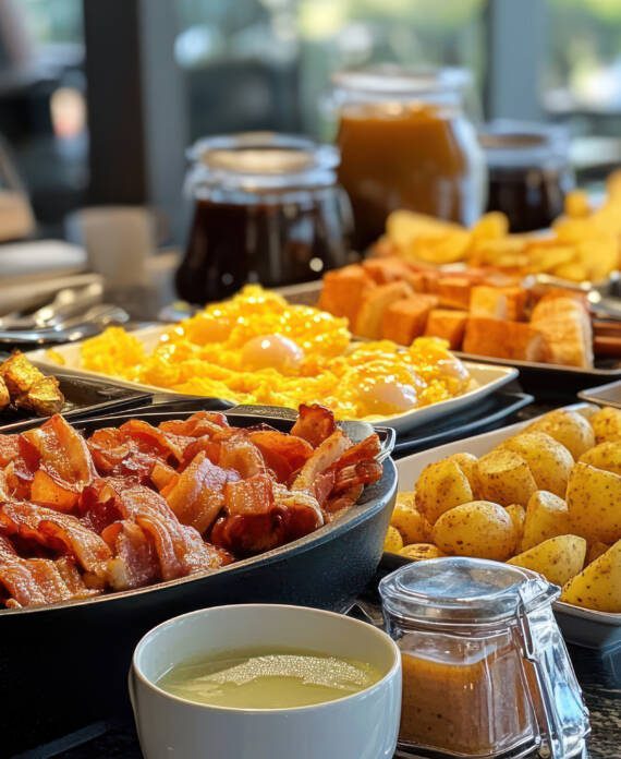 A breakfast buffet table with scrambled eggs, bacon, potatoes, pastries, and more.